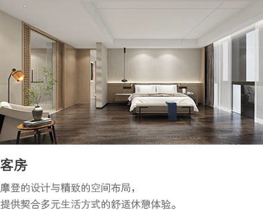 客房 : 摩登的设计与精致的空间布局，提供契合多元生活方式的舒适休憩体验。