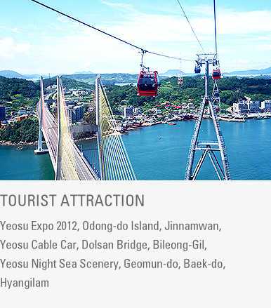 Tourist Attraction : Yeosu Expo 2012, Odong-do Island, Jinnamwan, Yeosu Cable Car, Dolsan Bridge, Bileong-Gil, Yeosu Night Sea Scenery, Geomun-do, Baek-do, Hyangilam